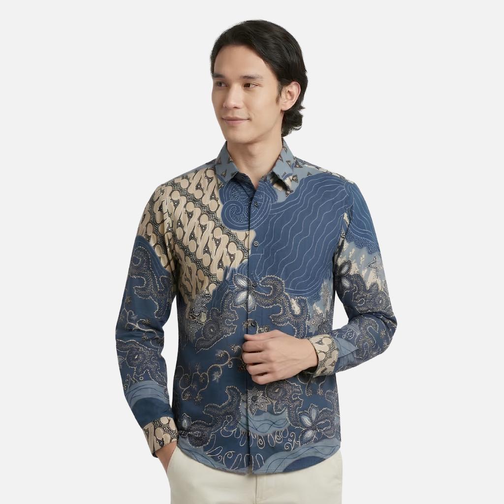 Odza Batik Couple Set Kemeja Pria Blouse Wanita Lengan Panjang 7/8 Cotton Printing Slim Fit Jumbo Javastera Biru
