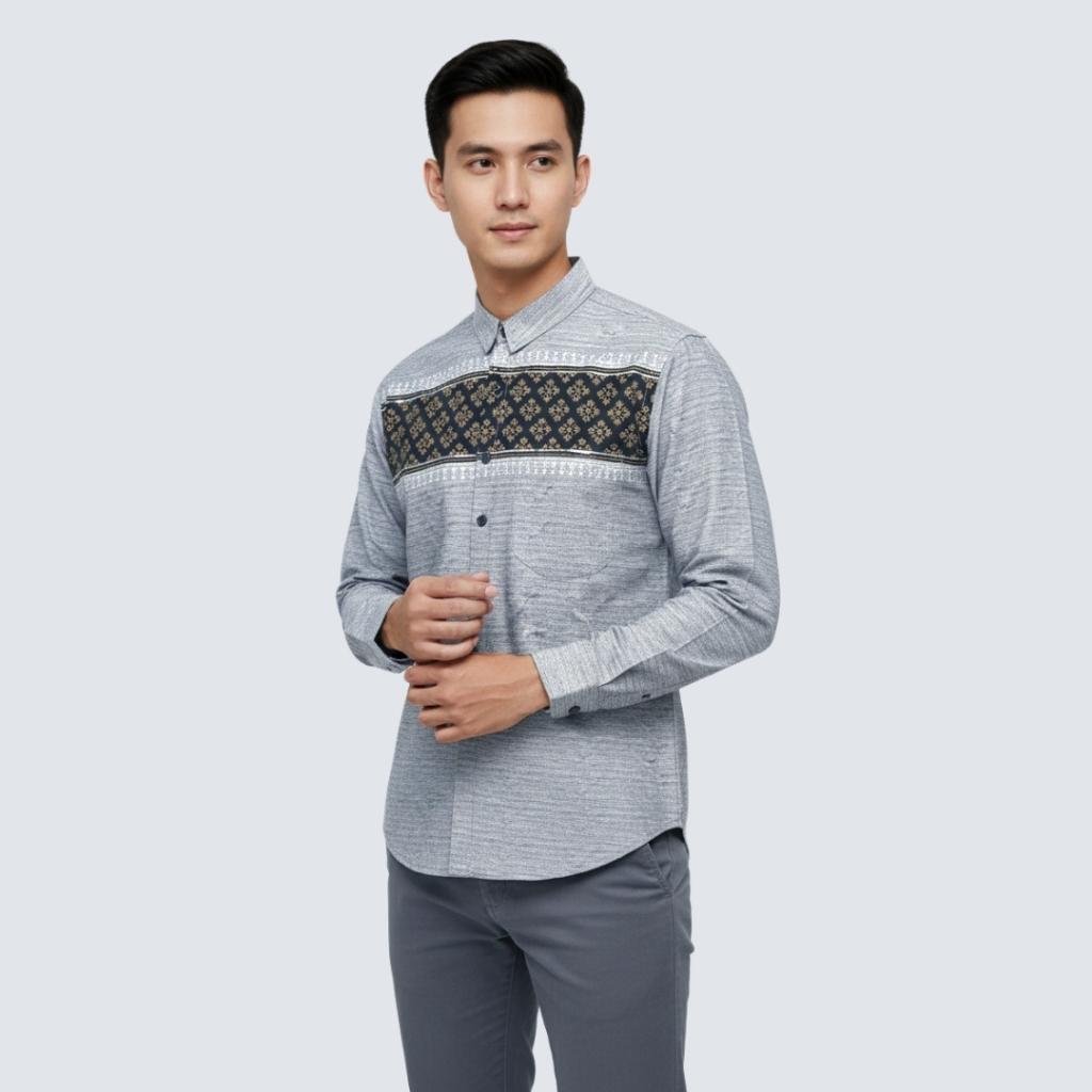 Odza Classic Baju Koko Lengan Panjang Regular Fit Kemeja Muslim Motif Pria Aalif Hitam Abu-abu