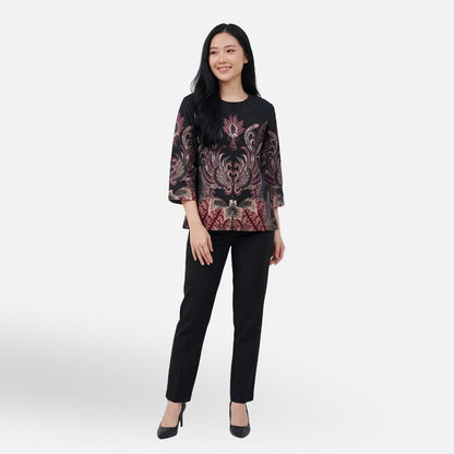 Odza Batik Couple Set Kemeja Pria Blouse Wanita Lengan Panjang 7/8 Katun Premium Kondangan Spatia Hitam Maroon