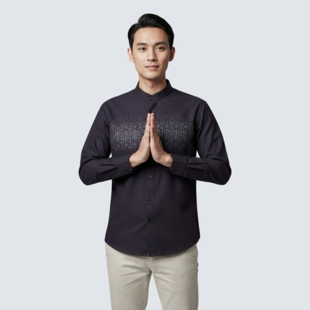 Odza Baju Koko Lengan Panjang Pria Kemeja Muslim Katun Regular Fit Bagisha Ungu Tua