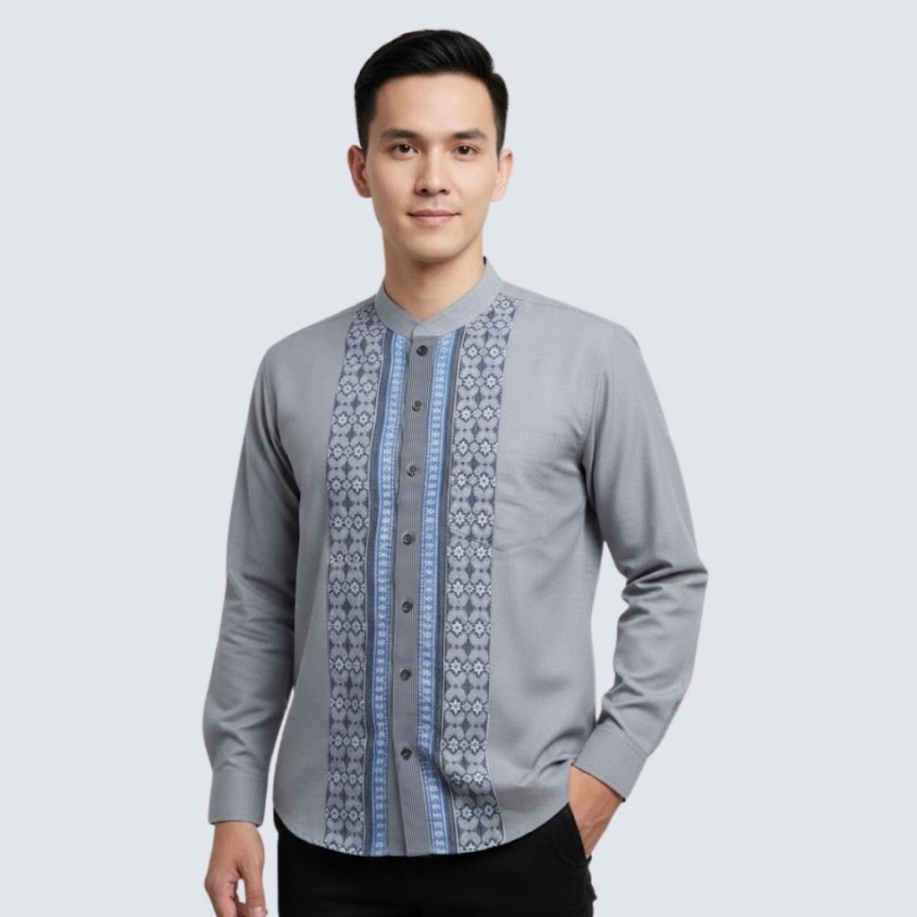 Odza Baju Kemeja Koko Pria Lengan Panjang Motif Kombinasi Strip Elegan Duffia Abu-abu