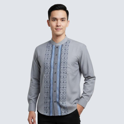 Odza Baju Kemeja Koko Pria Lengan Panjang Motif Kombinasi Strip Elegan Duffia Abu-abu