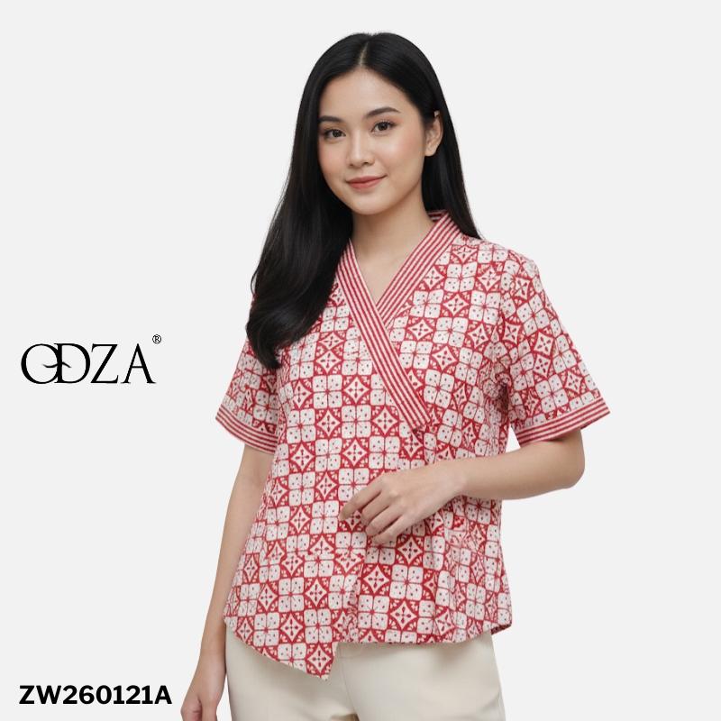 Odza Atasan Blouse Batik Modern Etnik Wanita Lengan Pendek Kimono Trikot Furing Merah Pink