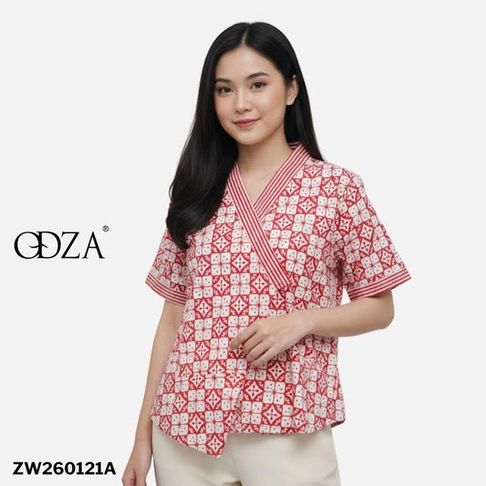Odza Atasan Blouse Batik Modern Etnik Wanita Lengan Pendek Kimono Trikot Furing Merah Pink