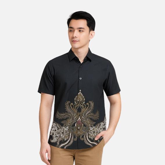 Odza Set Kemeja Rok Lilit Batik Couple Pria Wanita Lengan Pendek Kebaya Jumputan Hitam Naratama Motif Setelan