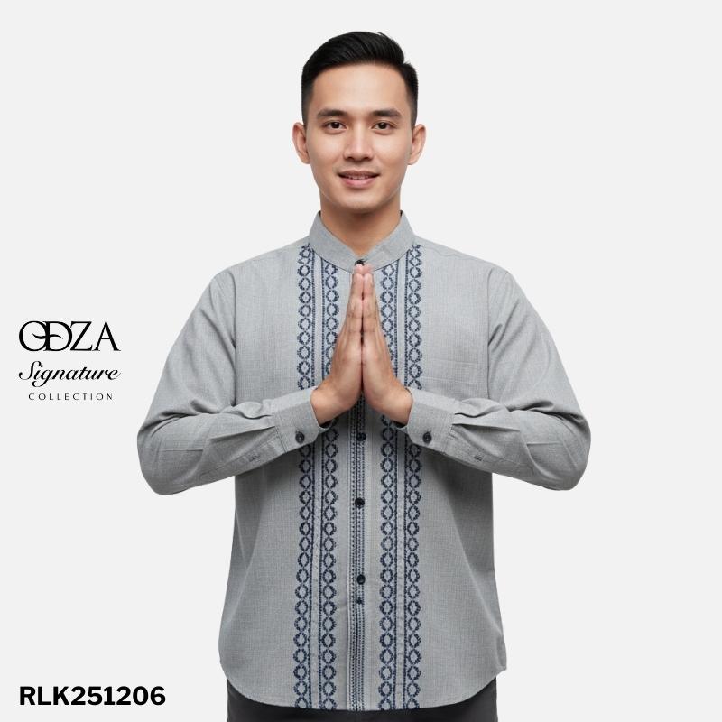 Odza Signature Baju Koko Regular Fit Lengan Panjang Bordir Timbul Kemeja Kerah Shanghai Pria Muslim Abizer Abu-abu