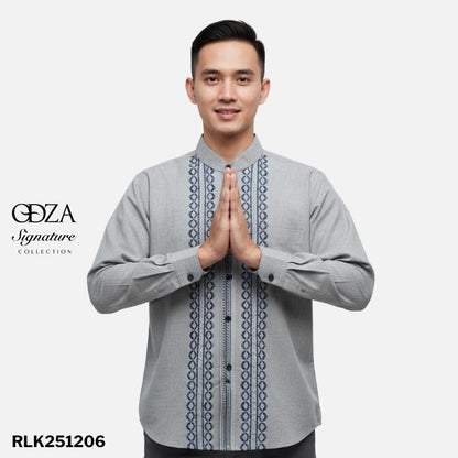 Odza Signature Baju Koko Regular Fit Lengan Panjang Bordir Timbul Kemeja Kerah Shanghai Pria Muslim Abizer Abu-abu