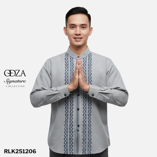 Odza Signature Baju Koko Regular Fit Lengan Panjang Bordir Timbul Kemeja Kerah Shanghai Pria Muslim Abizer Abu-abu