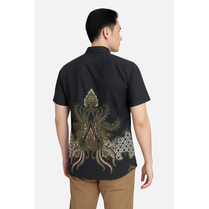 Odza Set Kemeja Rok Lilit Batik Couple Pria Wanita Lengan Pendek Kebaya Jumputan Hitam Naratama Motif Setelan