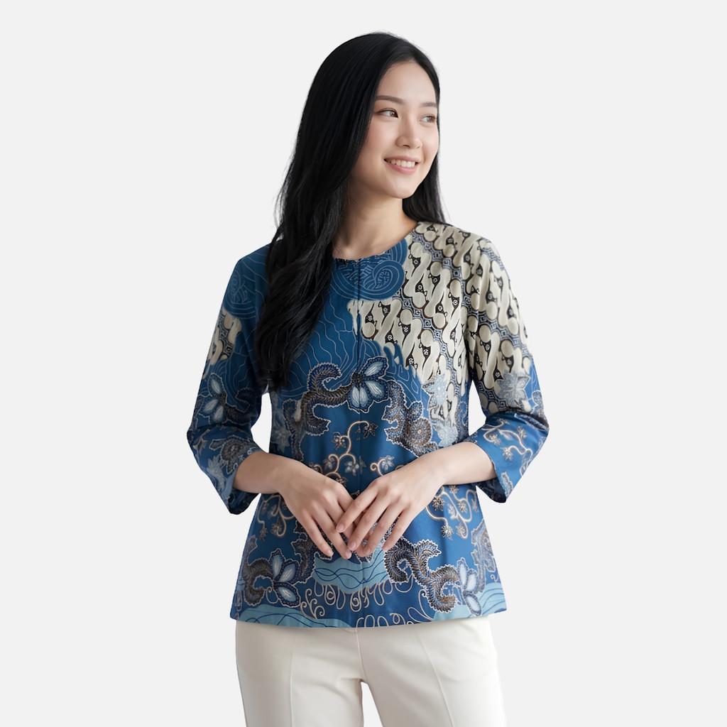 Odza Blouse Batik Wanita Lengan 7/8 Atasan Kemeja Kerja Kondangan Modern Katun Premium Dakota Hijau Biru