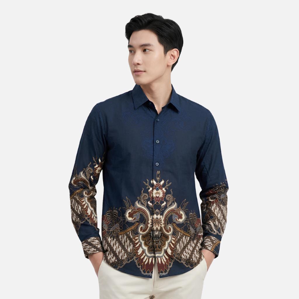 Odza Kemeja Batik Pria Slim Fit Lengan Panjang Katun Premium Baju Kerja Kondangan Panjira Navy Hitam