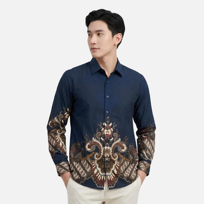 Odza Kemeja Batik Pria Slim Fit Lengan Panjang Katun Premium Baju Kerja Kondangan Panjira Navy Hitam