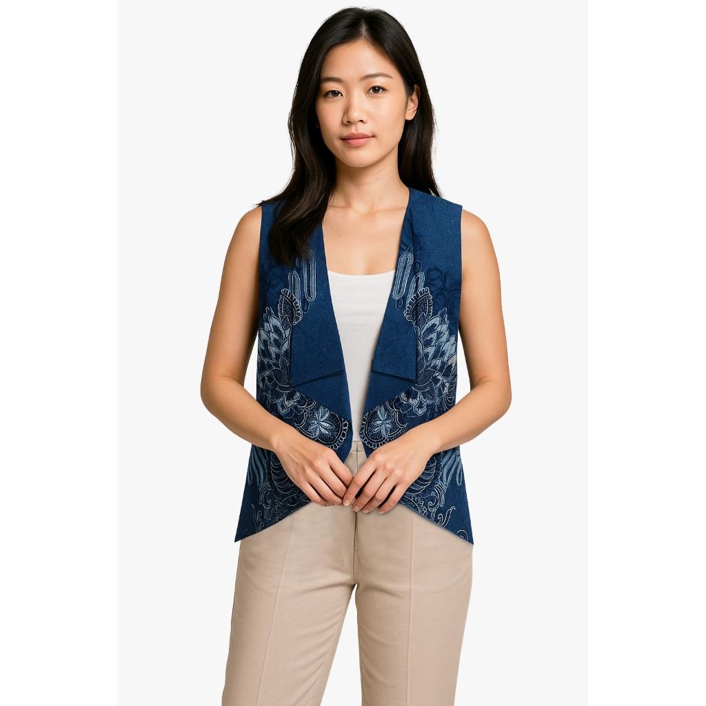 Odza Baju Batik Couple Kemeja Hem Pria Lengan Pendek Slim Fit Outer Rompi Vest Motif Biru Yogaswara