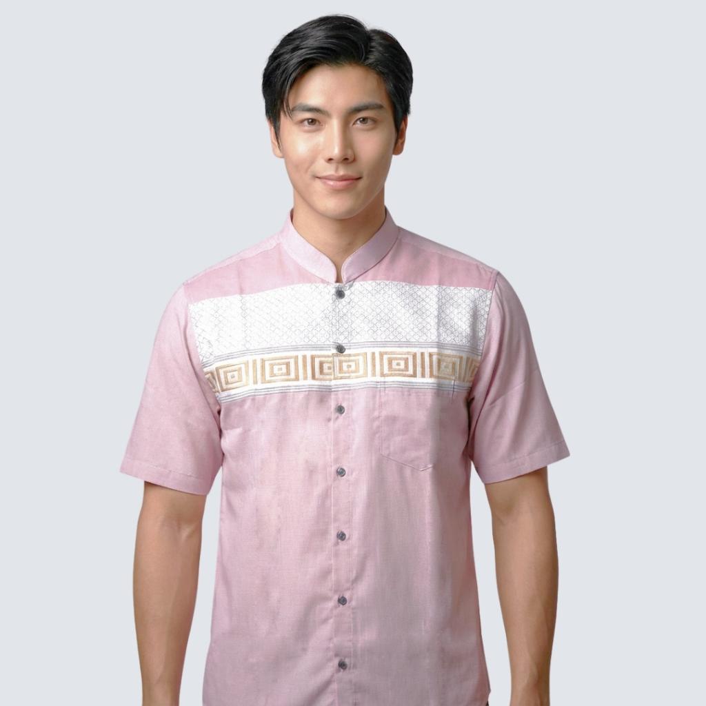 Odza Classic Baju Koko Modern Lengan Pendek Pria Atasan Muslim Regular Fit Dewasa Estisha Abu-abu