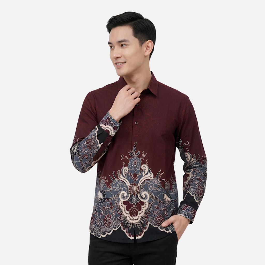 Odza Kemeja Batik Pria Slim Fit Lengan Panjang Katun Premium Baju Kerja Kondangan Bimantara Hitam Maroon
