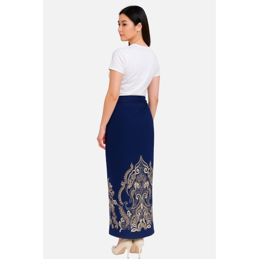 Set Kemeja Batik Couple Pria Wanita Rok Lilit Slim Lengan Panjang Kebaya Jumputan Biru Navy Maheswara