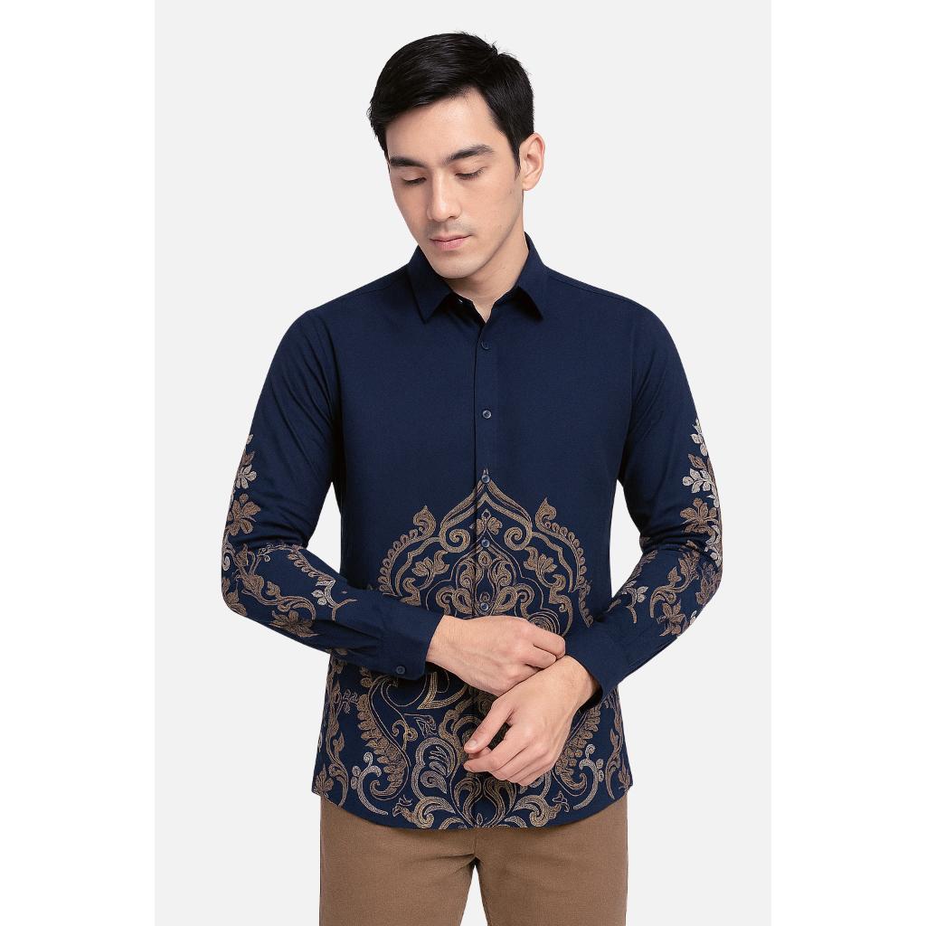 Set Kemeja Batik Couple Pria Wanita Rok Lilit Slim Lengan Panjang Kebaya Jumputan Biru Navy Maheswara