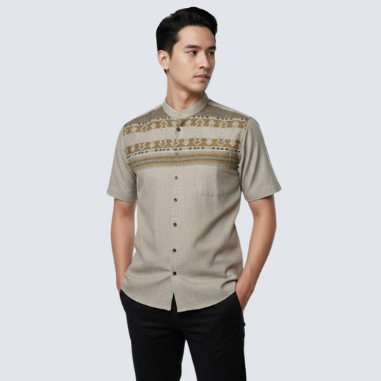 Odza Baju Koko Pria Lengan Pendek Motif Kemeja Kerah Shanghai Keira Katun Coklat