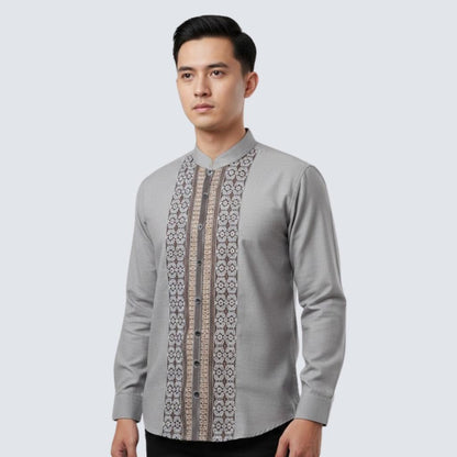Odza Baju Kemeja Koko Pria Lengan Panjang Motif Kombinasi Strip Elegan Duffia Abu-abu
