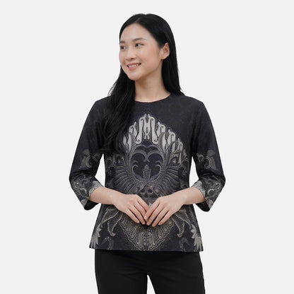 Odza Batik Couple Set Kemeja Pria Blouse Wanita Lengan Panjang 7/8 Cotton Printing Slim Fit Jumbo Arunawa Hitam Abu-abu