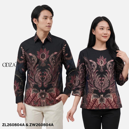 Odza Batik Couple Set Kemeja Pria Blouse Wanita Lengan Panjang 7/8 Katun Premium Kondangan Spatia Hitam Maroon