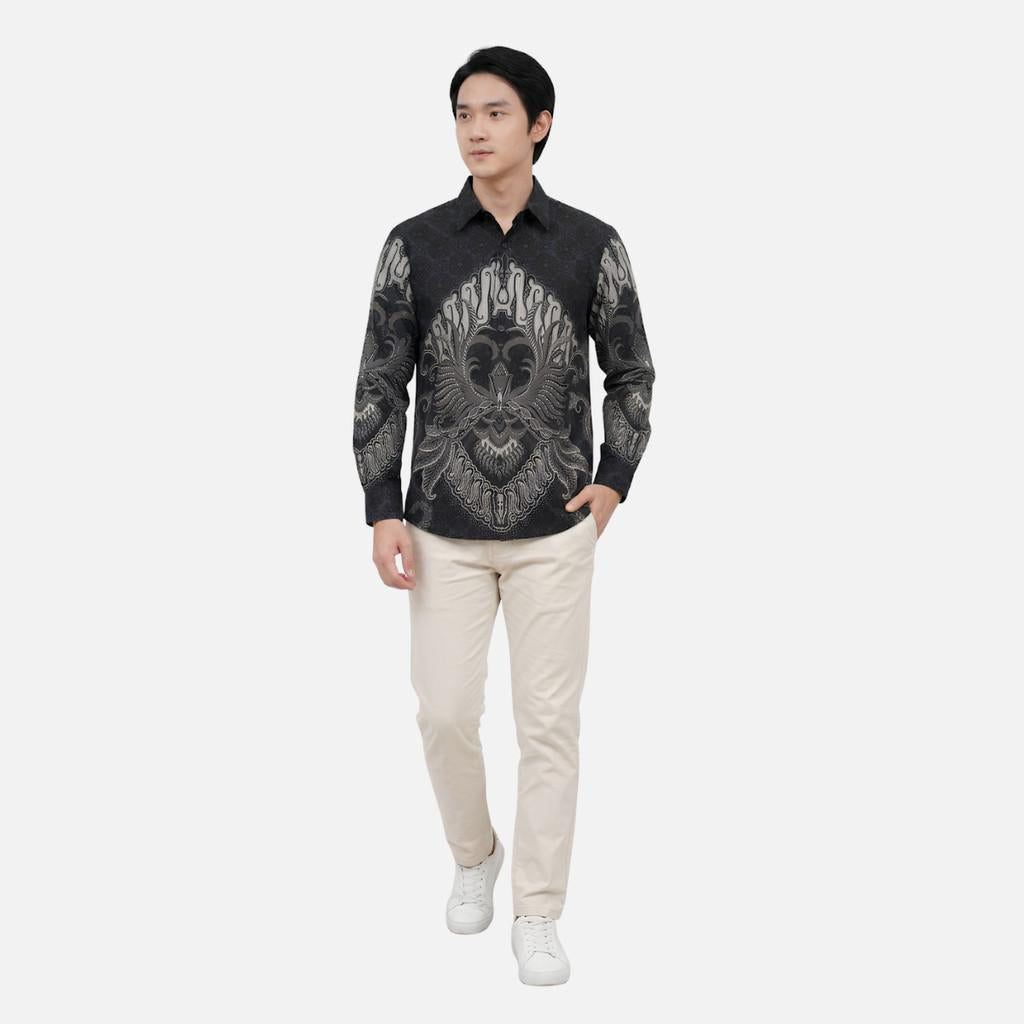Odza Batik Couple Set Kemeja Pria Blouse Wanita Lengan Panjang 7/8 Cotton Printing Slim Fit Jumbo Arunawa Hitam Abu-abu