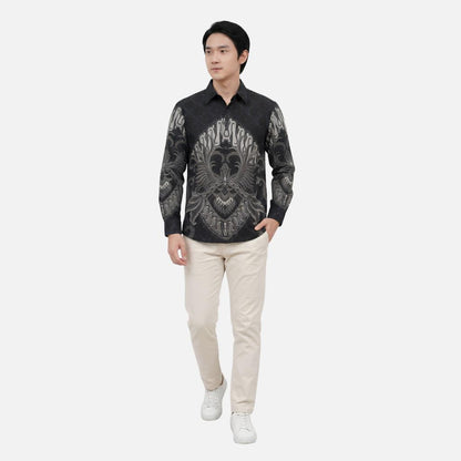 Odza Batik Couple Set Kemeja Pria Blouse Wanita Lengan Panjang 7/8 Cotton Printing Slim Fit Jumbo Arunawa Hitam Abu-abu