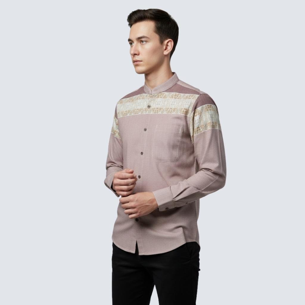 Odza Baju Koko Pria Lengan Panjang Jumbo Kemeja Muslim Regular Fit Modern Gifari Dusty Pink