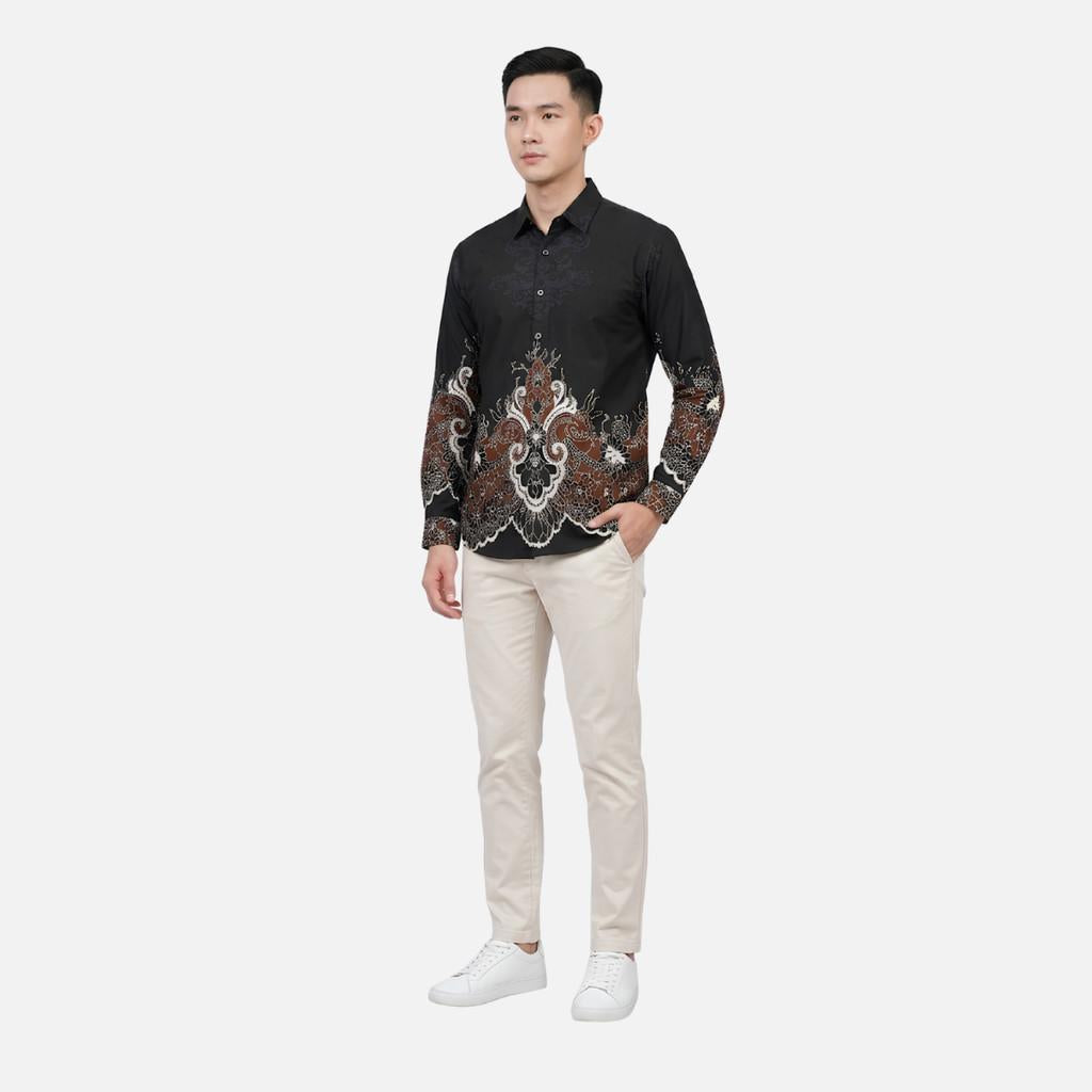 Odza Kemeja Batik Pria Slim Fit Lengan Panjang Katun Premium Baju Kerja Kondangan Maroon Hitam