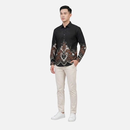 Odza Kemeja Batik Pria Slim Fit Lengan Panjang Katun Premium Baju Kerja Kondangan Maroon Hitam
