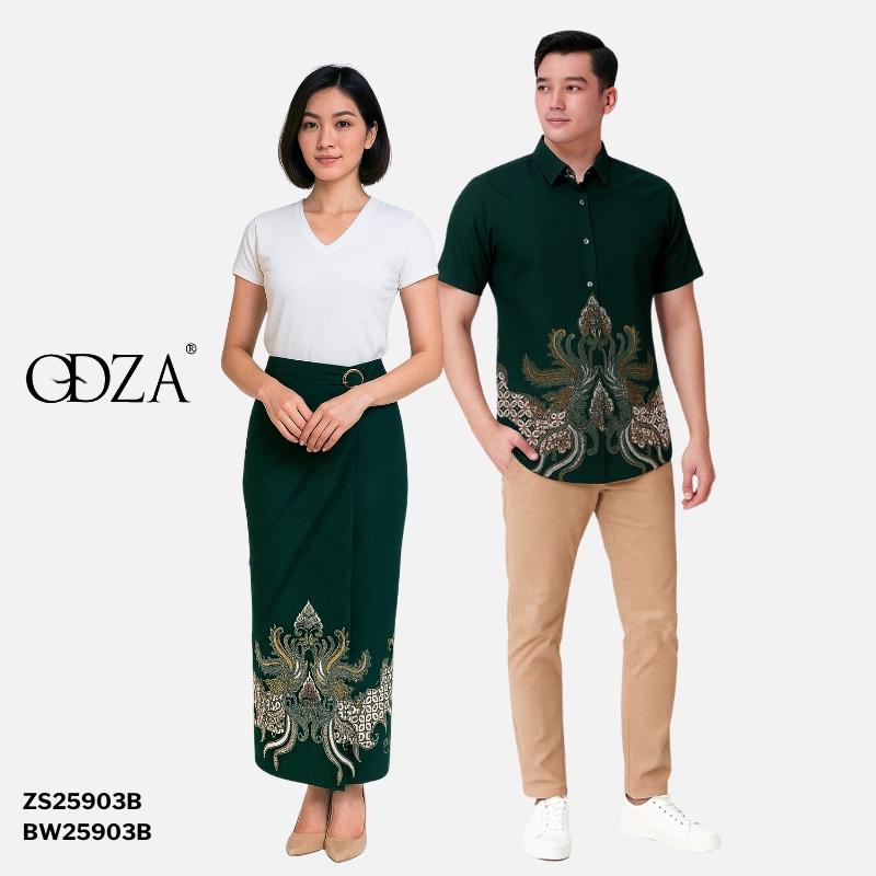 Odza Set Batik Couple Kemeja Rok Lilit Hem Couple Pria Kebaya Wanita Lengan Pendek Jumputan Hitam Priyatama Motif Setelan