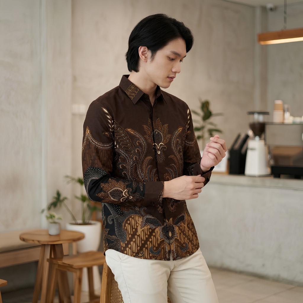Odza Kemeja Batik Lengan Panjang Modern Pria Cotton Printing Slim Regular Fit Jumbo Dakupa Coklat Hitam Maroon