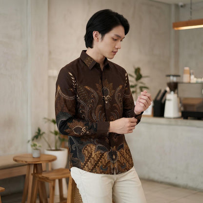 Odza Kemeja Batik Lengan Panjang Modern Pria Cotton Printing Slim Regular Fit Jumbo Dakupa Coklat Hitam Maroon