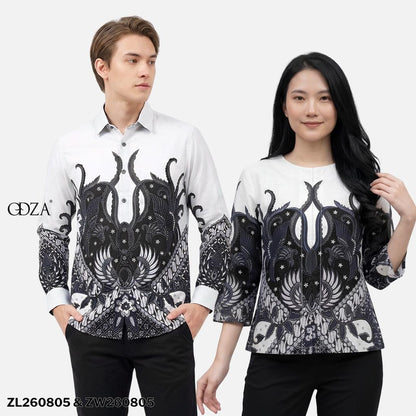 Odza Batik Couple Set Kemeja Pria Slim Fit Blouse Wanita Lengan Panjang 7/8 Katun Premium Kondangan Saktora