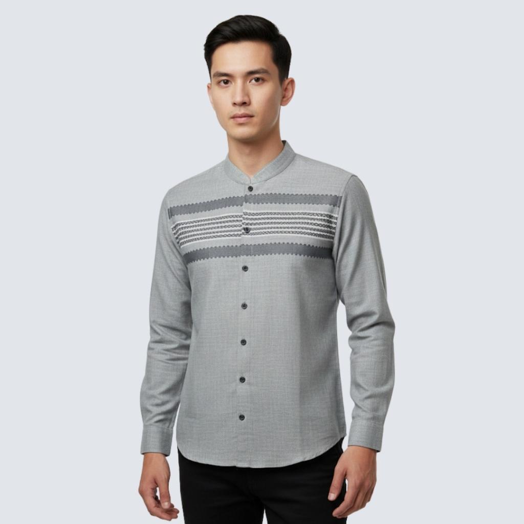 Odza Classic Baju Koko Pria Lengan Panjang Motif Casual Katun Import Premium Azhka Abu-abu