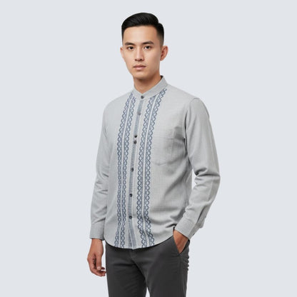 Odza Signature Baju Koko Regular Fit Lengan Panjang Bordir Timbul Kemeja Kerah Shanghai Pria Muslim Abizer Abu-abu