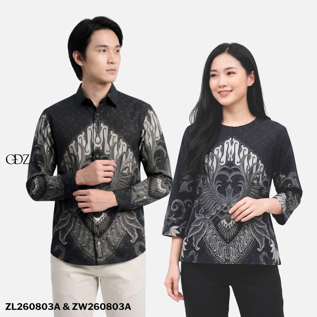Odza Batik Couple Set Kemeja Pria Blouse Wanita Lengan Panjang 7/8 Cotton Printing Slim Fit Jumbo Arunawa Hitam Abu-abu