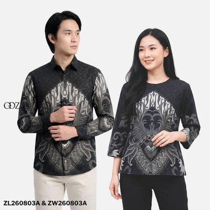 Odza Batik Couple Set Kemeja Pria Blouse Wanita Lengan Panjang 7/8 Cotton Printing Slim Fit Jumbo Arunawa Hitam Abu-abu