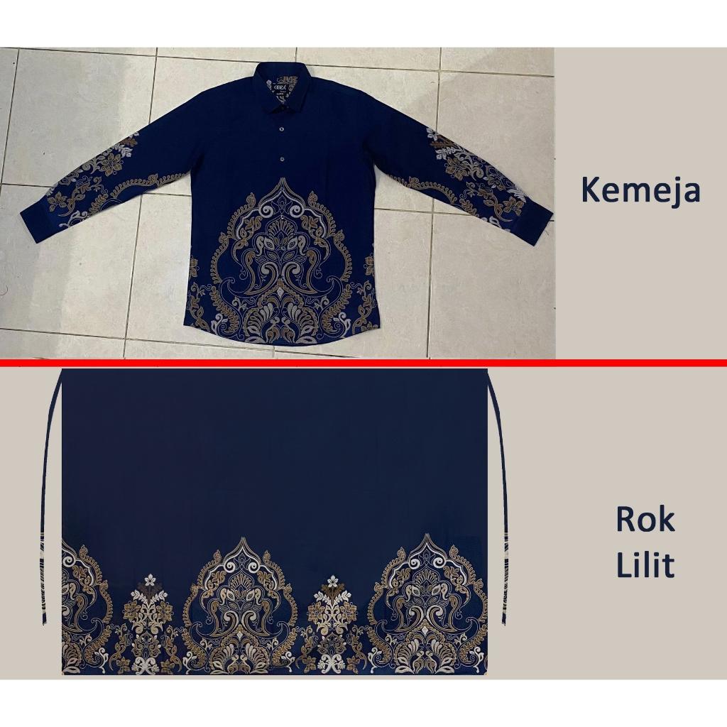 Set Kemeja Batik Couple Pria Wanita Rok Lilit Slim Lengan Panjang Kebaya Jumputan Biru Navy Maheswara