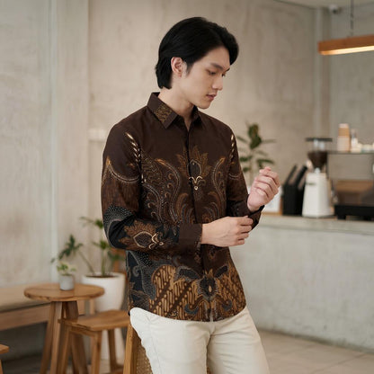 Odza Kemeja Batik Lengan Panjang Modern Pria Cotton Printing Slim Regular Fit Jumbo Spatia Hitam Maroon Coklat