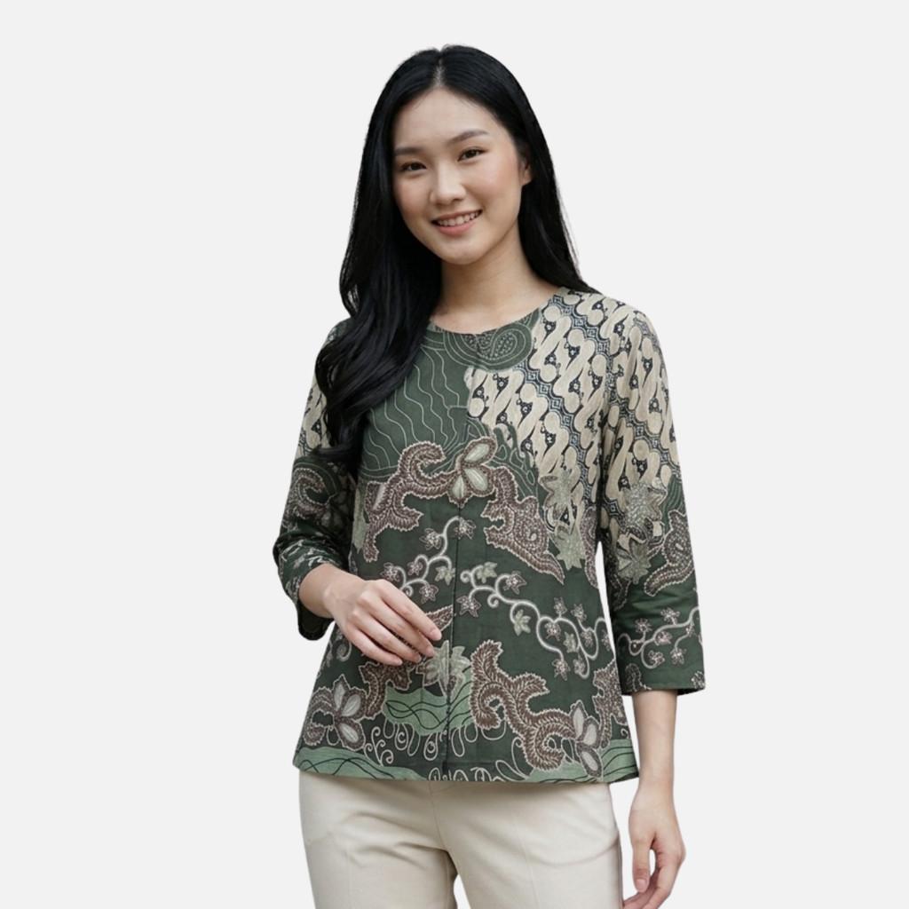 Odza Batik Couple Set Kemeja Pria Blouse Wanita Lengan Panjang 7/8 Cotton Printing Slim Fit Jumbo Dakota Hijau