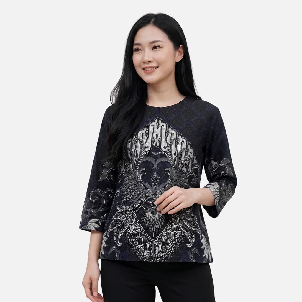 Odza Batik Couple Set Kemeja Pria Blouse Wanita Lengan Panjang 7/8 Cotton Printing Slim Fit Jumbo Arunawa Hitam Abu-abu
