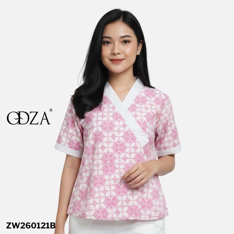 Odza Atasan Blouse Batik Modern Etnik Wanita Lengan Pendek Kimono Trikot Furing Merah Pink