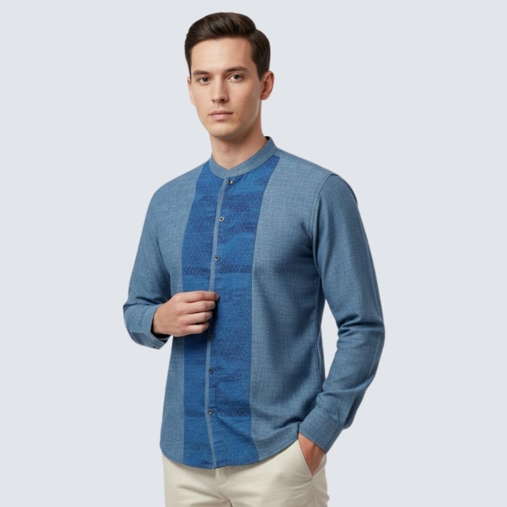 Odza Baju Kemeja Koko Pria Lengan Panjang Regular Fit Modern Askarita Biru Tua
