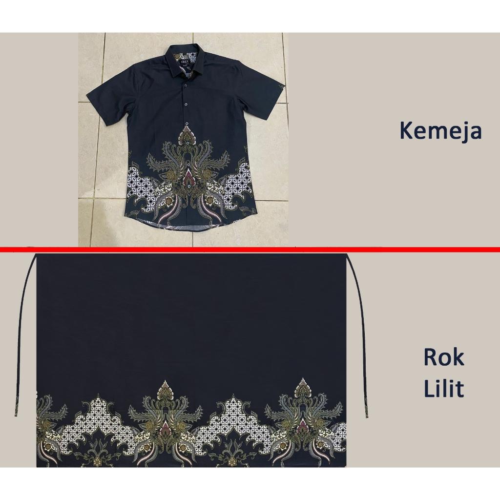 Odza Set Kemeja Rok Lilit Batik Couple Pria Wanita Lengan Pendek Kebaya Jumputan Hitam Naratama Motif Setelan