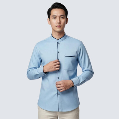 Odza Baju Koko Pria Lengan Panjang Polos Slim Fit Baju Kemeja Kerah Mandarin Kermana Biru Muda