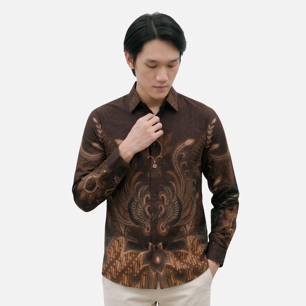 Odza Kemeja Batik Lengan Panjang Modern Pria Cotton Printing Slim Regular Fit Jumbo Spatia Hitam Maroon Coklat