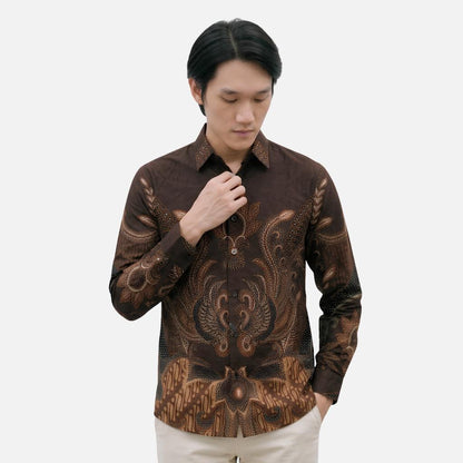 Odza Kemeja Batik Lengan Panjang Modern Pria Cotton Printing Slim Regular Fit Jumbo Spatia Hitam Maroon Coklat