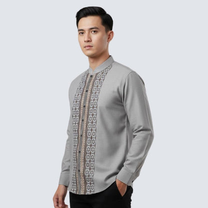 Odza Baju Kemeja Koko Pria Lengan Panjang Motif Kombinasi Strip Elegan Duffia Abu-abu
