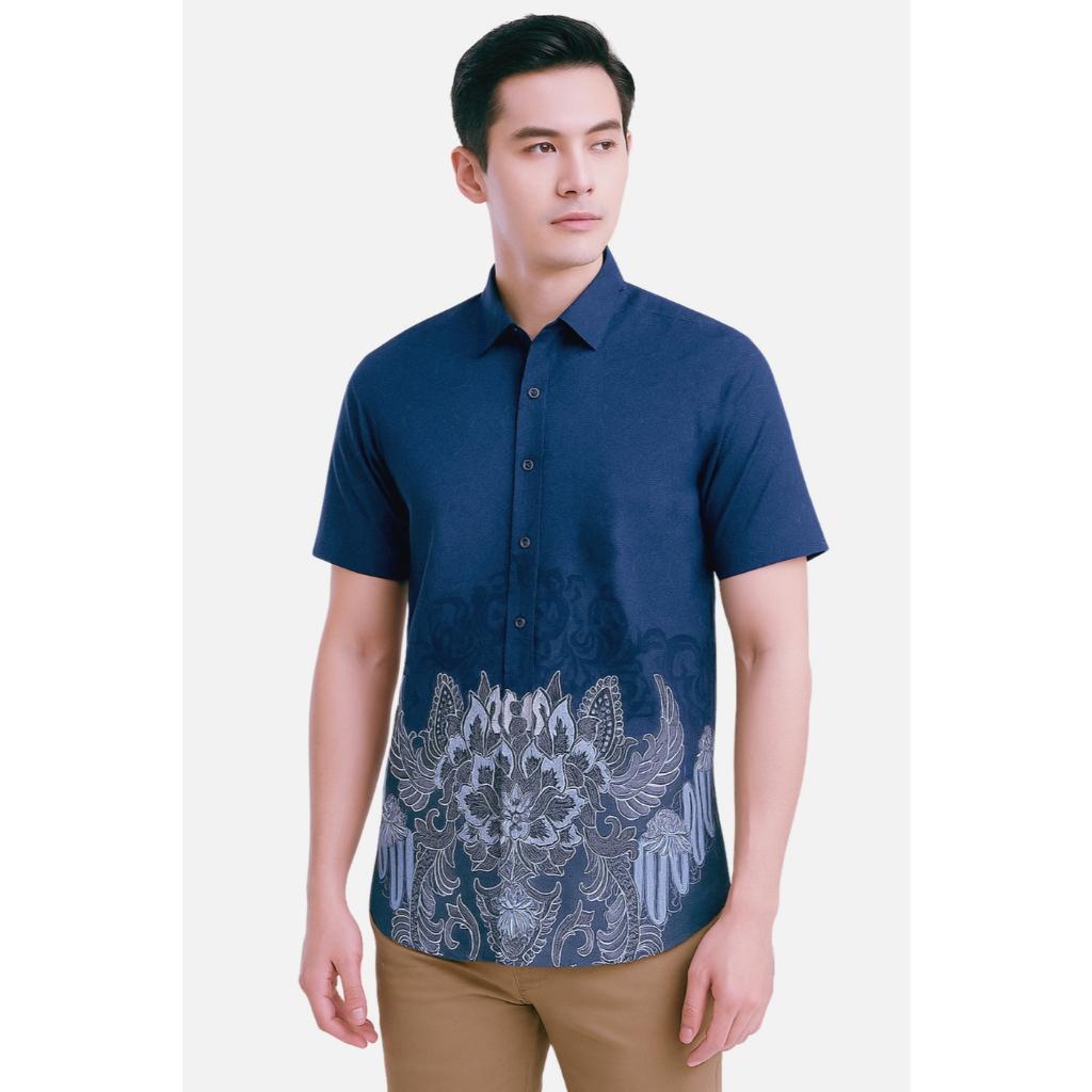 Odza Baju Batik Couple Kemeja Hem Pria Lengan Pendek Slim Fit Outer Rompi Vest Motif Biru Yogaswara